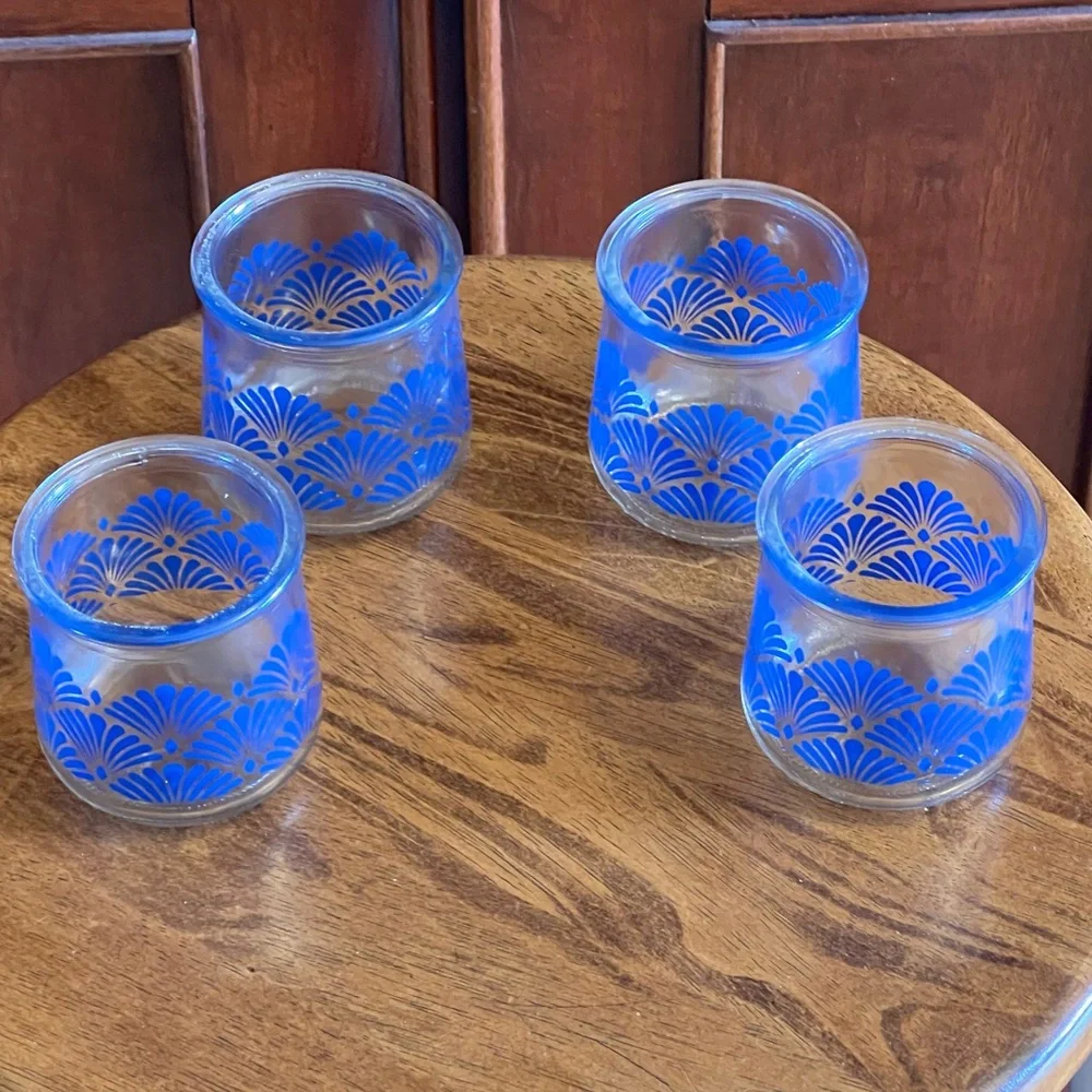 Lot of 4 Yoplait Oui Blue Art Deco Fan Jars Limited Edition - Picture 4 of 5